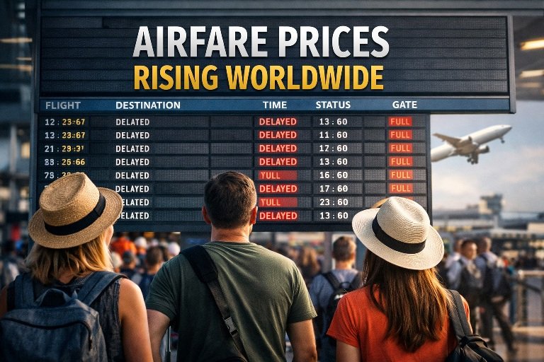 Travelers checking flight screens as Airfare Prices Rising Worldwide impact global travel costs