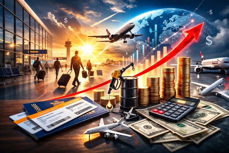 Travelers checking flight screens as Airfare Prices Rising Worldwide impact global travel costs