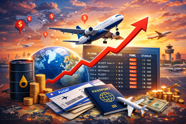 Travelers checking flight screens as Airfare Prices Rising Worldwide impact global travel costs
