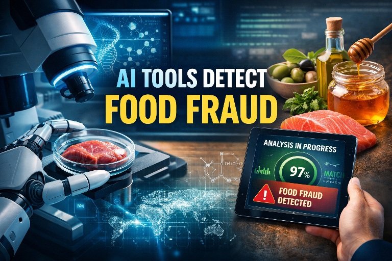 AI tools detect food fraud using machine learning sensors analyzing food samples in a modern laboratory
