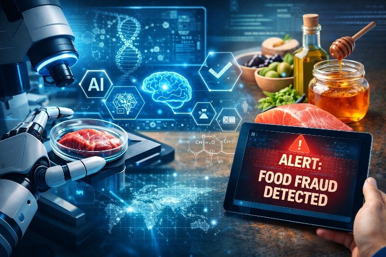 AI tools detect food fraud using machine learning sensors analyzing food samples in a modern laboratory