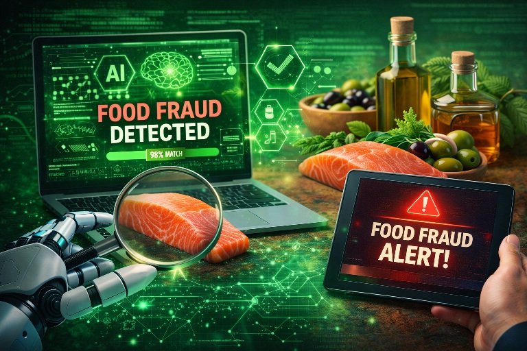 AI tools detect food fraud using machine learning sensors analyzing food samples in a modern laboratory