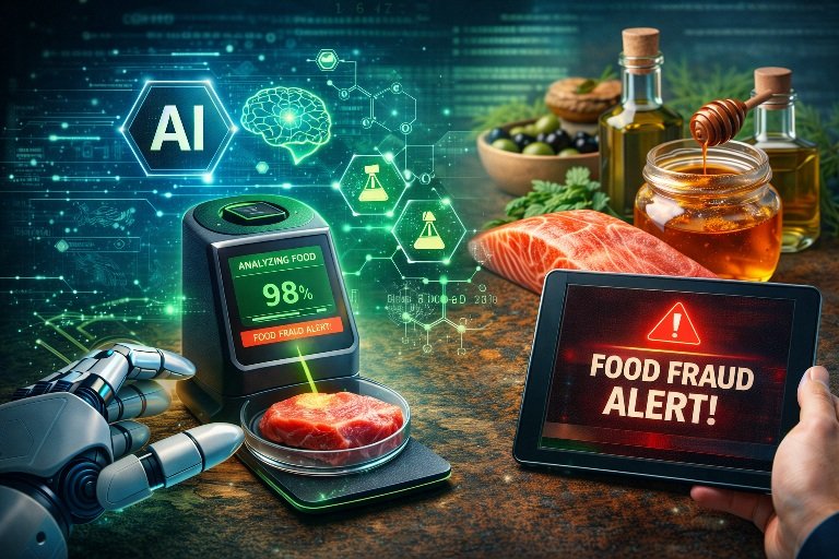 AI tools detect food fraud using machine learning sensors analyzing food samples in a modern laboratory