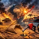 Global agriculture disruption showing tractors, ships, and crops affected by War Fuel Shortages Global Food crisis
