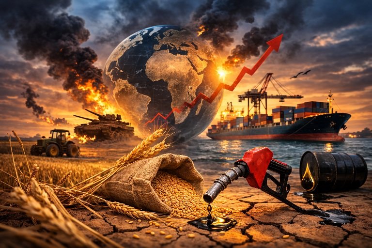 Global agriculture disruption showing tractors, ships, and crops affected by War Fuel Shortages Global Food crisis