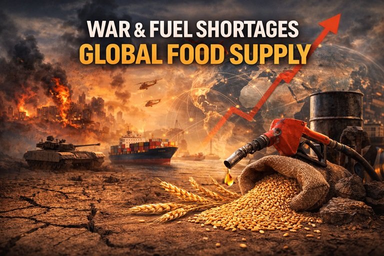 Global agriculture disruption showing tractors, ships, and crops affected by War Fuel Shortages Global Food crisis