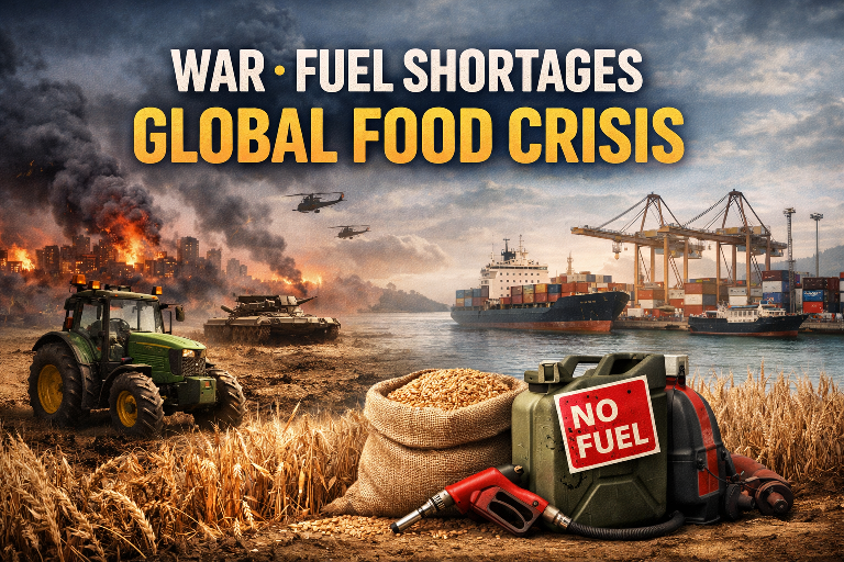 Global agriculture disruption showing tractors, ships, and crops affected by War Fuel Shortages Global Food crisis