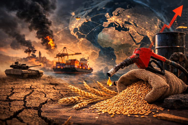 Global agriculture disruption showing tractors, ships, and crops affected by War Fuel Shortages Global Food crisis