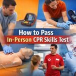 Student practicing chest compressions during how to pass in-person CPR skills test training session
