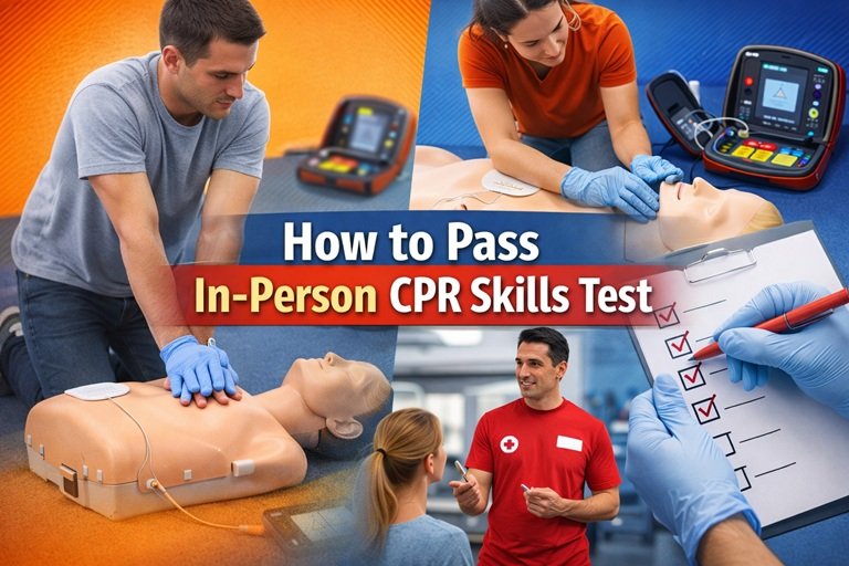 Student practicing chest compressions during how to pass in-person CPR skills test training session