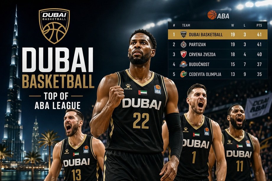 Dubai Basketball top of table ABA League celebrating victory in 2026 season