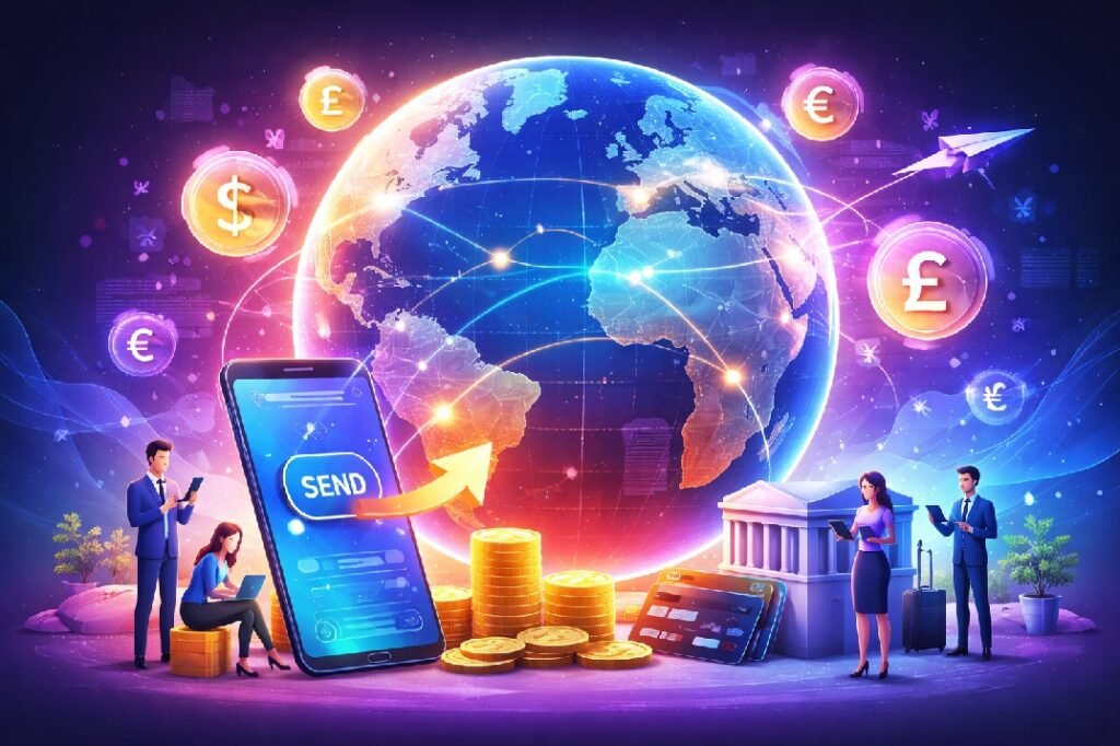 global money transfer trends digital payments fintech illustration