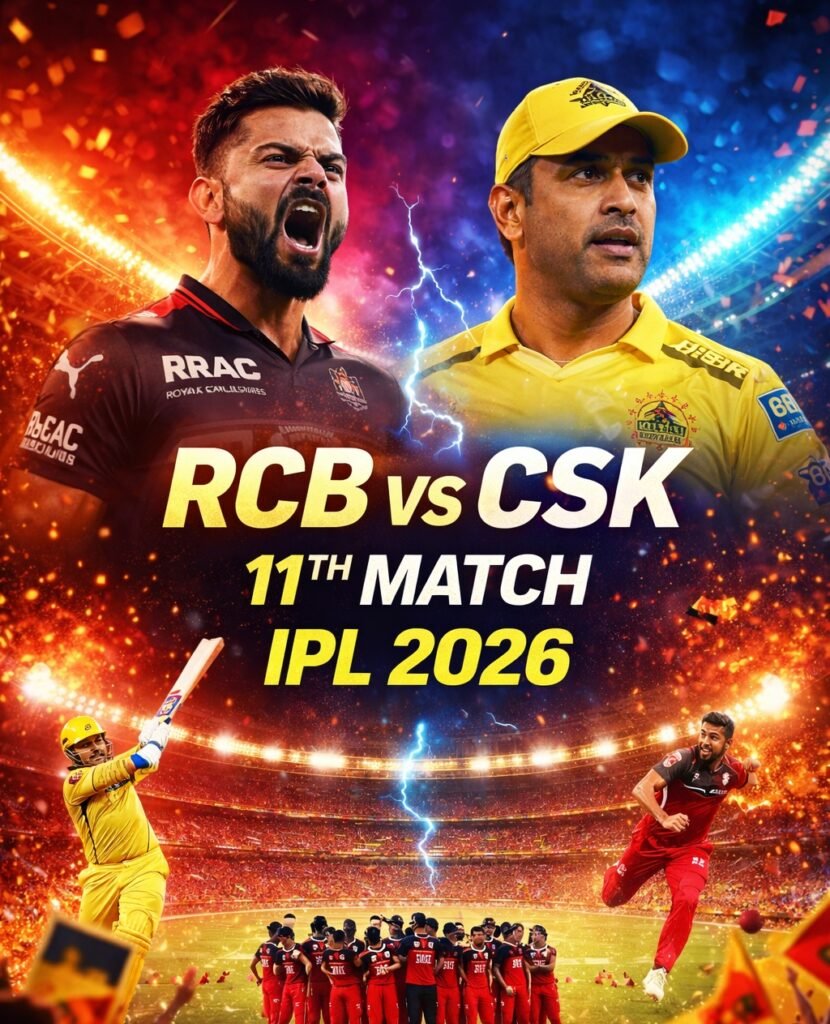 RCB vs CSK 11th Match IPL 2026 players celebrating big moments at Chinnaswamy Stadium