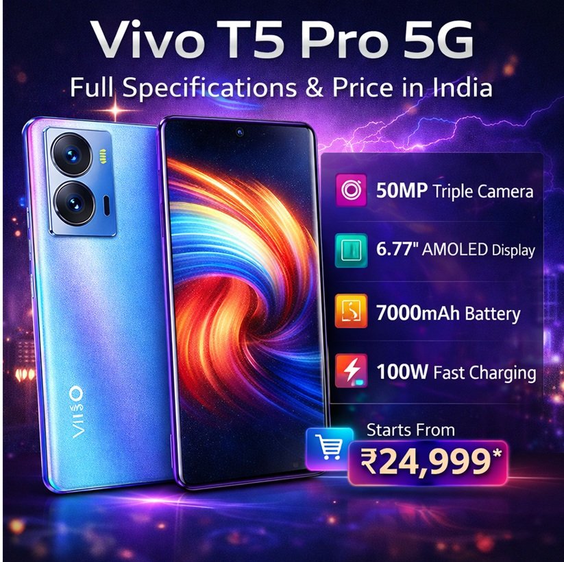 Vivo T5 Pro 5G full specifications and price in India with design display camera battery