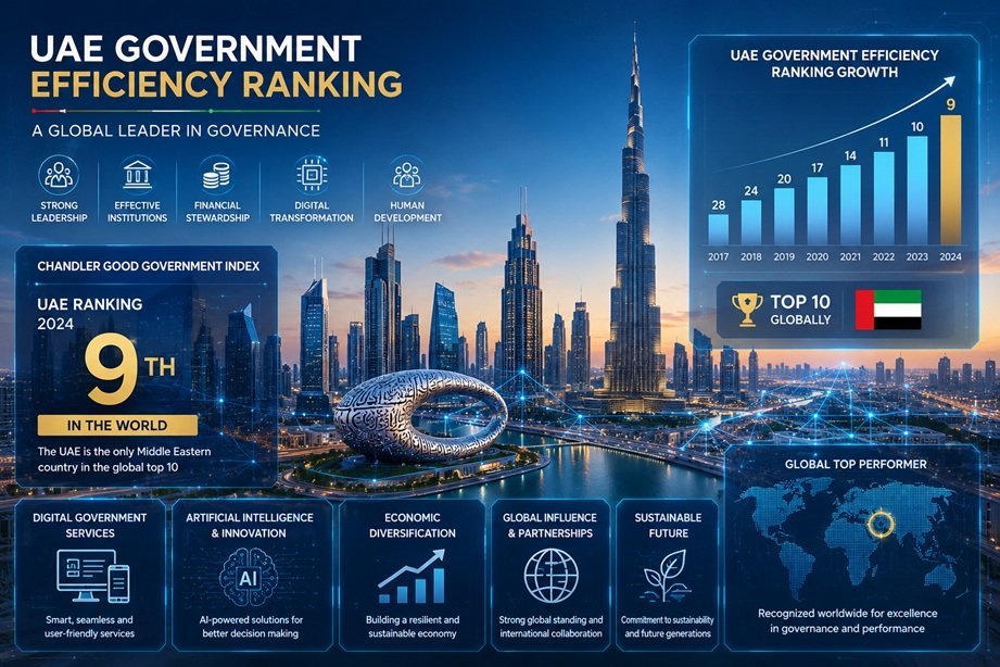 UAE Government Efficiency Ranking showing UAE global governance rise through technology and leadership