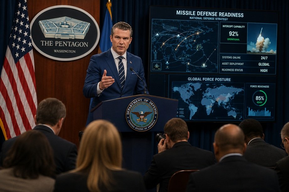 US weapons stockpiles ready briefing at the Pentagon showcasing military preparedness and missile defense readiness