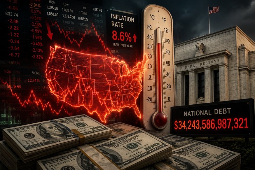 Economic Fever in America illustrated with inflation charts, U.S. economy indicators, and rising national debt