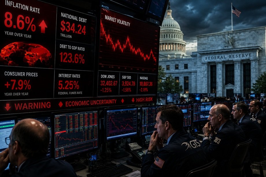 Economic Fever in America illustrated with inflation charts, U.S. economy indicators, and rising national debt