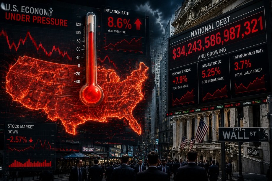 Economic Fever in America illustrated with inflation charts, U.S. economy indicators, and rising national debt