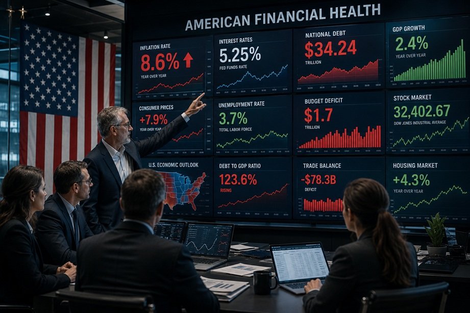 Economic Fever in America illustrated with inflation charts, U.S. economy indicators, and rising national debt