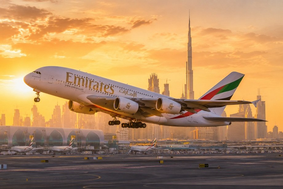 Emirates Airline Recovery Outlook showing Emirates A380 aircraft flying over Dubai skyline during airline growth recovery