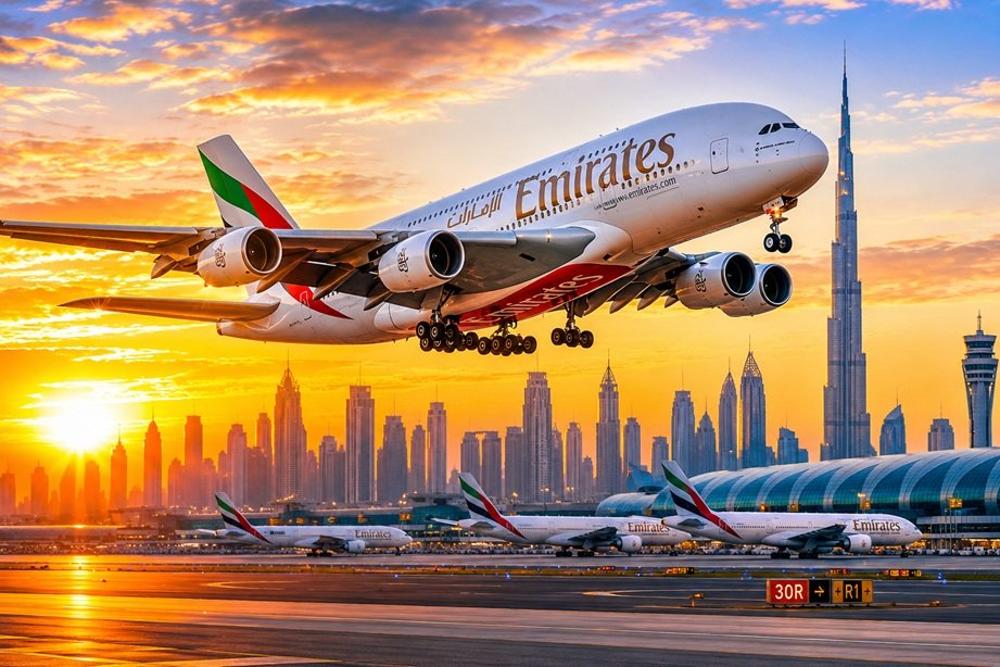 Emirates Airline Recovery Outlook showing Emirates A380 aircraft flying over Dubai skyline during airline growth recovery