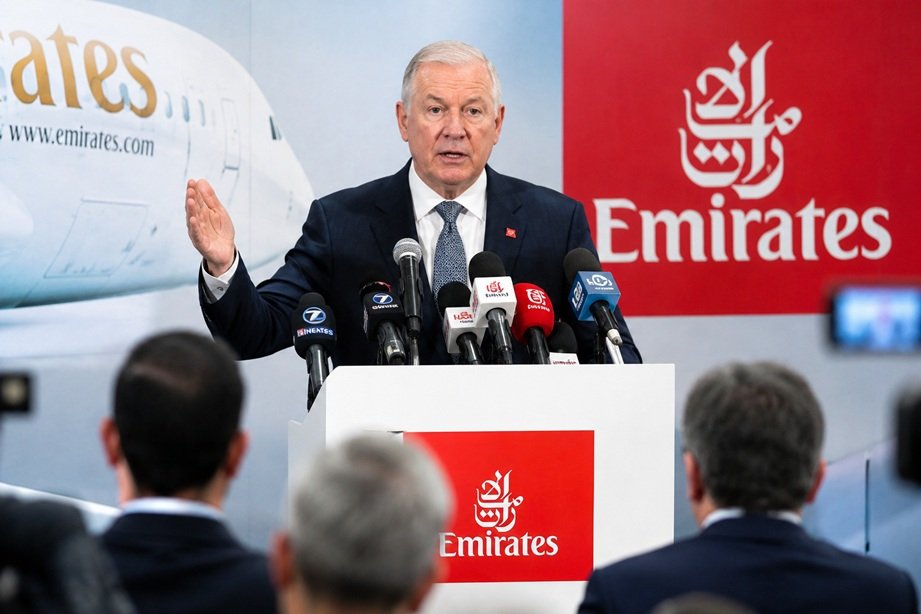 Emirates Airline Recovery Outlook showing Emirates A380 aircraft flying over Dubai skyline during airline growth recovery