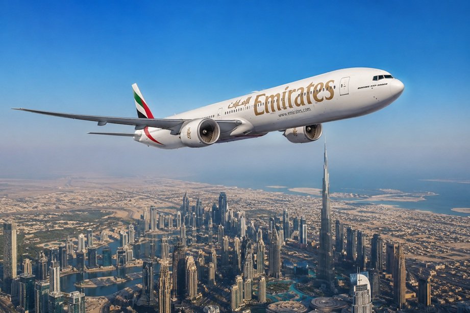 Emirates Airline Recovery Outlook showing Emirates A380 aircraft flying over Dubai skyline during airline growth recovery