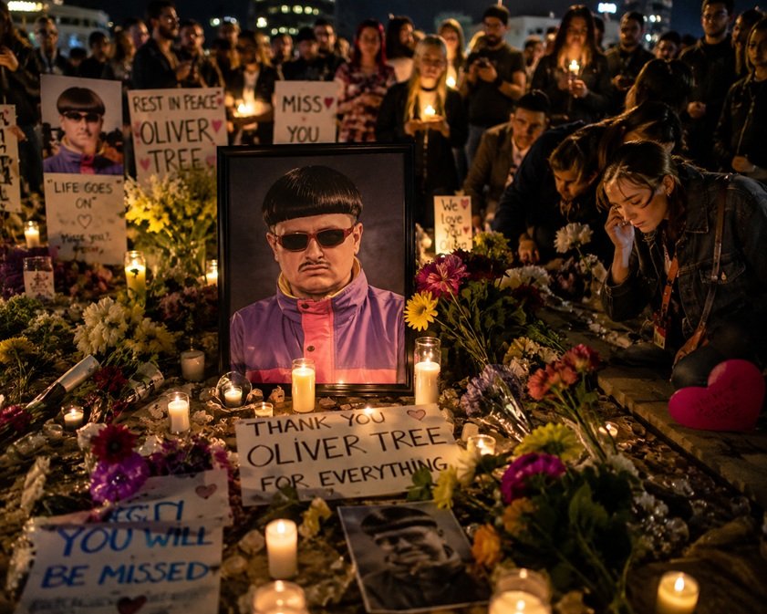 Oliver Tree Helicopter Accident tribute image showing the musician performing on stage with memorial-themed background