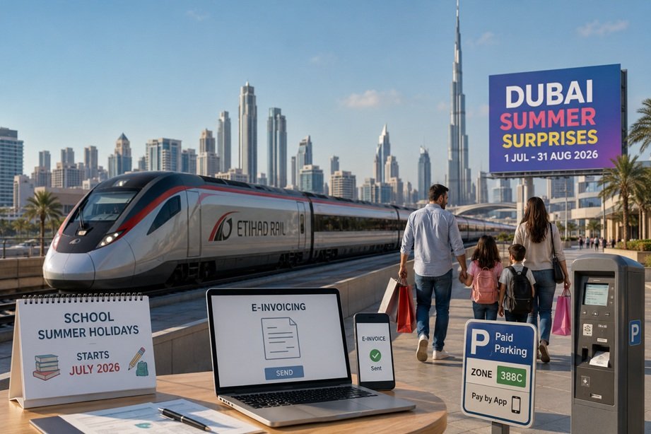 UAE July Changes 2026 featuring Etihad Rail, Dubai Summer Surprises, e-invoicing, paid parking, and school holidays