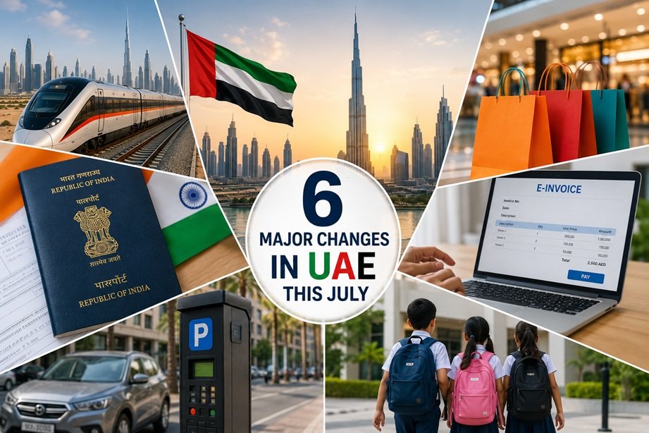 UAE July Changes 2026 featuring Etihad Rail, Dubai Summer Surprises, e-invoicing, paid parking, and school holidays