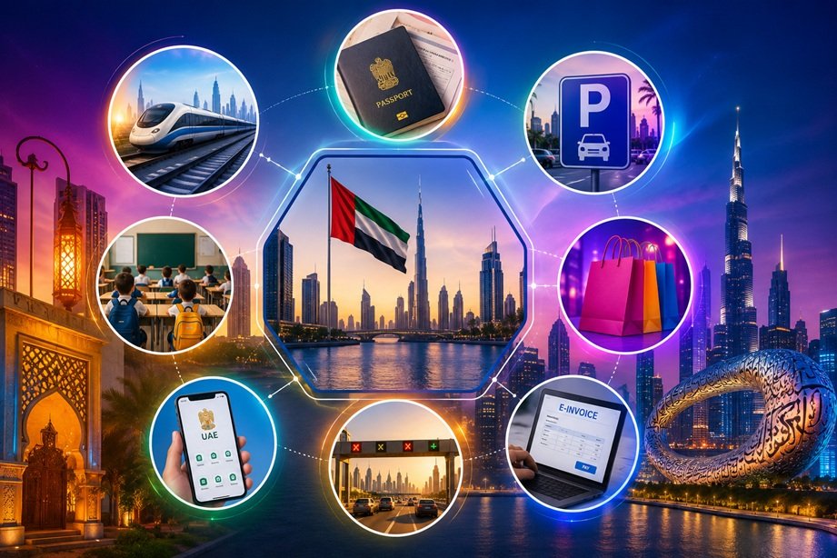 UAE July Changes 2026 featuring Etihad Rail, Dubai Summer Surprises, e-invoicing, paid parking, and school holidays