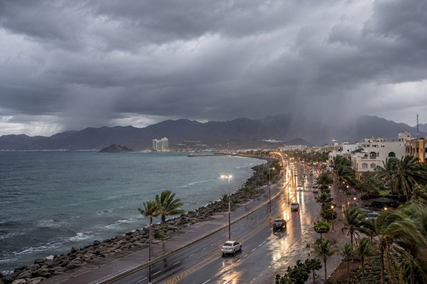 UAE Rain Forecast Tuesday showing rain clouds over eastern UAE and Hajar Mountains