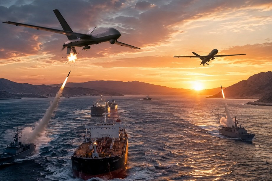 Iran Drones Hormuz Shipping incident showing US forces intercepting two Iranian attack drones near commercial vessels in the Strait of Hormuz