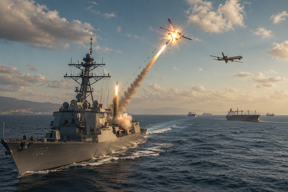 Iran Drones Hormuz Shipping incident showing US forces intercepting two Iranian attack drones near commercial vessels in the Strait of Hormuz