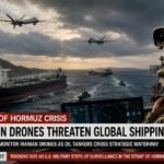 Iran Drones Hormuz Shipping incident showing US forces intercepting two Iranian attack drones near commercial vessels in the Strait of Hormuz