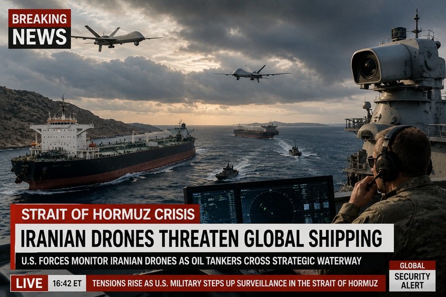 Iran Drones Hormuz Shipping incident showing US forces intercepting two Iranian attack drones near commercial vessels in the Strait of Hormuz