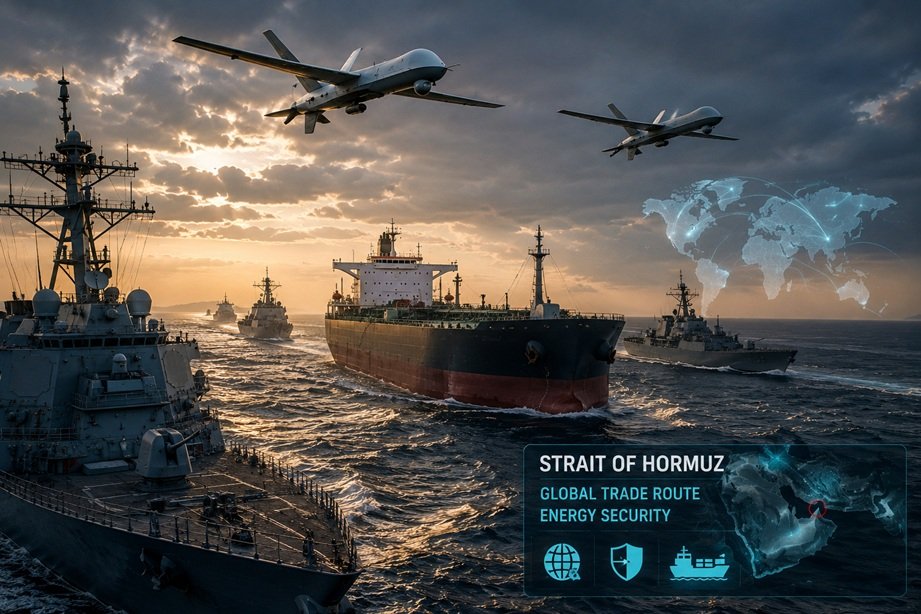Iran Drones Hormuz Shipping incident showing US forces intercepting two Iranian attack drones near commercial vessels in the Strait of Hormuz