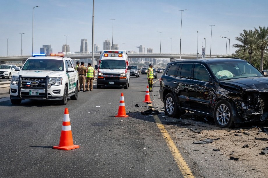 Emirates Road Incident near Al Ain Bridge with Dubai Police managing traffic after an accident