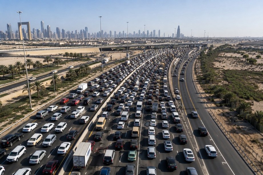 Emirates Road Incident near Al Ain Bridge with Dubai Police managing traffic after an accident