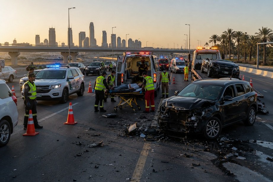 Emirates Road Incident near Al Ain Bridge with Dubai Police managing traffic after an accident