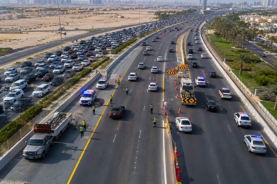 Emirates Road Incident near Al Ain Bridge with Dubai Police managing traffic after an accident