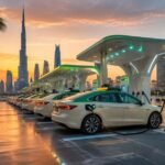 Dubai Taxi EV Hub with electric taxis charging at dedicated ultra-fast EV charging stations in Dubai