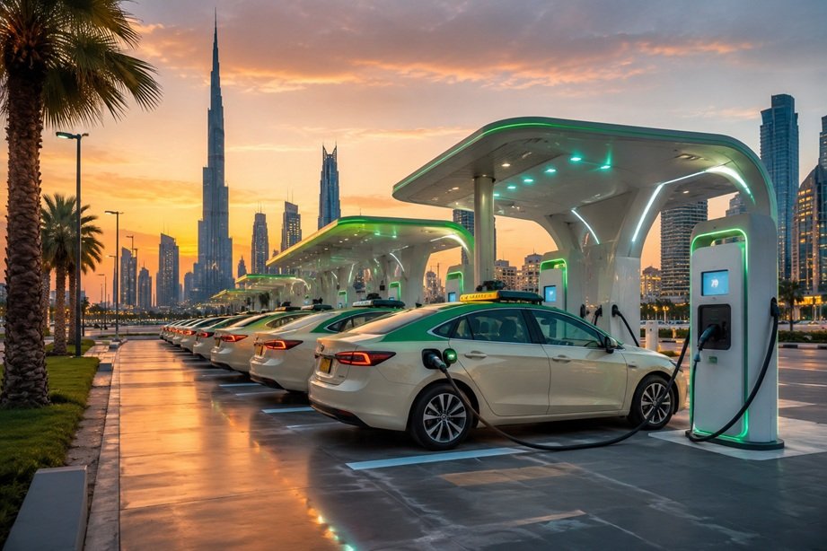 Dubai Taxi EV Hub with electric taxis charging at dedicated ultra-fast EV charging stations in Dubai