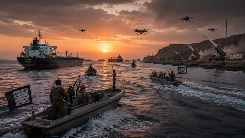 Iran US Full-Scale War showing Gulf tensions, Houthi blockade, Strait of Hormuz, and regional military escalation in 2026