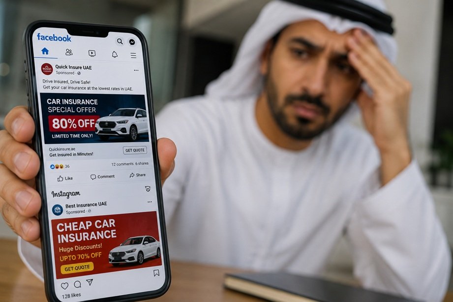 Fake Car Insurance UAE warning showing scam online insurance ads targeting motorists in the UAE