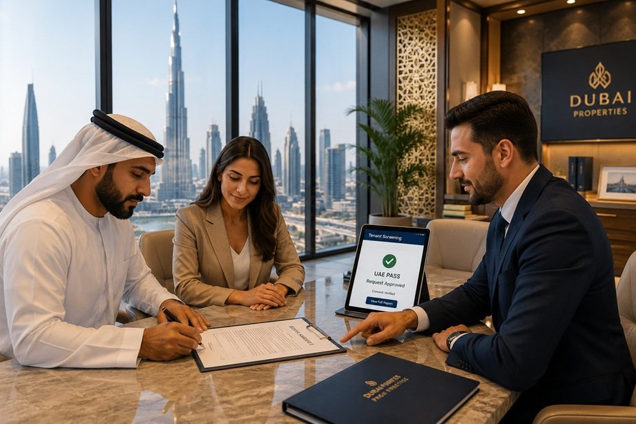 UAE Tenant Screening Service showing landlord reviewing tenant credit approval through UAE PASS and Etihad Credit Bureau