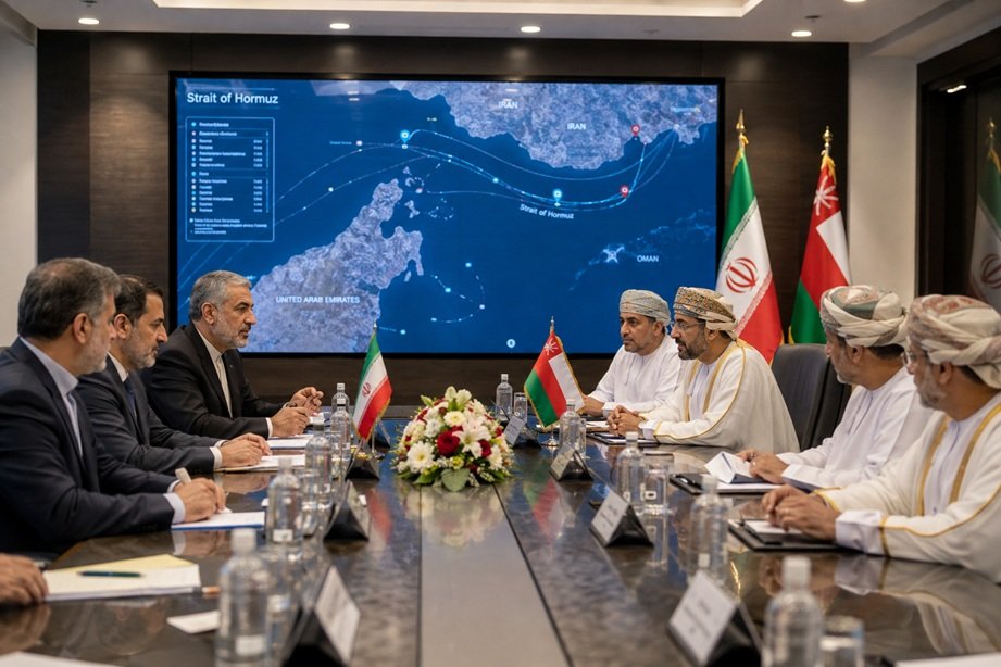 Hormuz Shipping Framework showing oil tankers in the Strait of Hormuz during Iran and Oman maritime negotiations