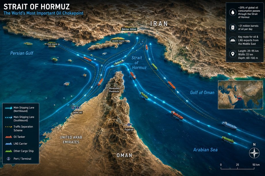 Hormuz Shipping Framework showing oil tankers in the Strait of Hormuz during Iran and Oman maritime negotiations