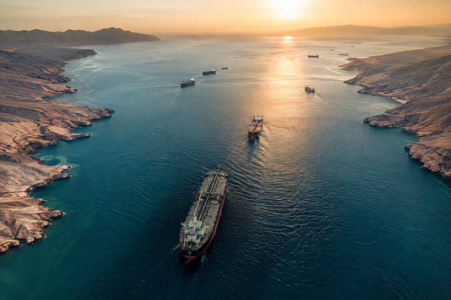 Hormuz Shipping Framework showing oil tankers in the Strait of Hormuz during Iran and Oman maritime negotiations